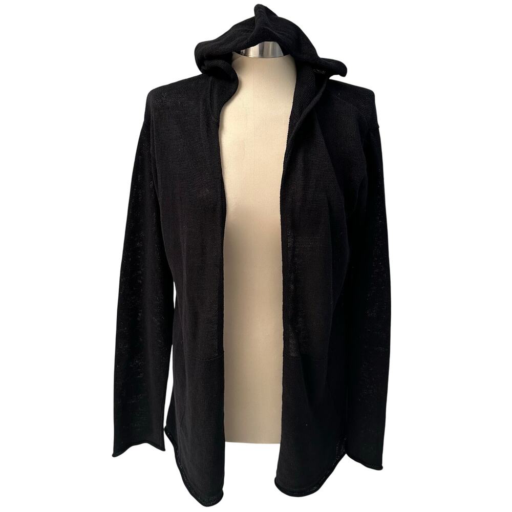 Eileen Fisher Black Linen Slub Knit Hooded Open Cardigan Size M Lagenlook